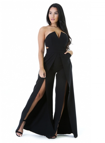 Women's Fashion Strapless High Slit Wide-leg Jumpsuit YOUYOUFASHIONEC.com