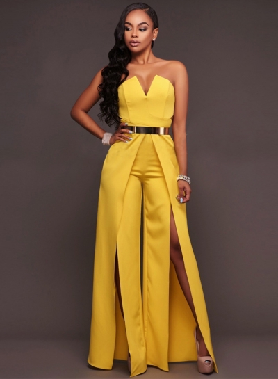 Women's Fashion Strapless High Slit Wide-leg Jumpsuit YOUYOUFASHIONEC.com