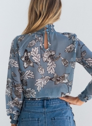 Women's Fashion High Neck Long Sleeve Floral Chiffon Blouse