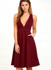 Women's Fashion A-Line Deep V Neck Pockets Sleeveless Dress