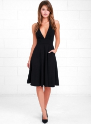 Women's Fashion A-Line Deep V Neck Pockets Sleeveless Dress