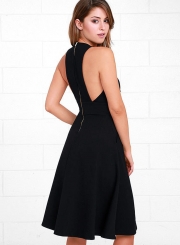 Women's Fashion A-Line Deep V Neck Pockets Sleeveless Dress