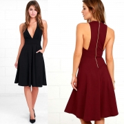 Women's Fashion A-Line Deep V Neck Pockets Sleeveless Dress