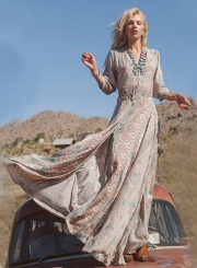 Women's Vintage Boho Deep V Neck 3/4 Sleeve Floral Print Split Dress