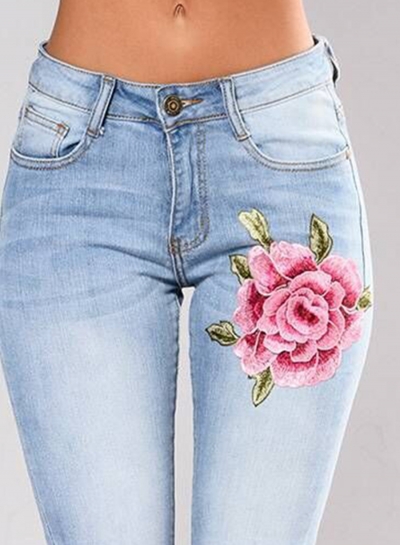 high waisted floral jeans