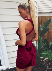 Women's Fashion Deep V Neck Bandage Ruched Bodycon Club Dress
