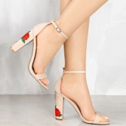 Women's Fashion Open Toe Ankle Strap Floral Embroidery Block Heels Sandals
