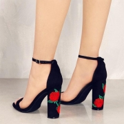 Women's Fashion Open Toe Ankle Strap Floral Embroidery Block Heels Sandals