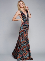 Women's Deep V Neck Floral Print Dress