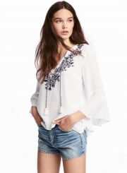 Women's V Neck Embroidery Flare Sleeve Blouse