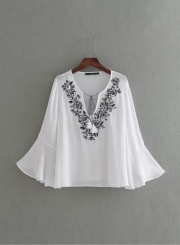 Women's V Neck Embroidery Flare Sleeve Blouse