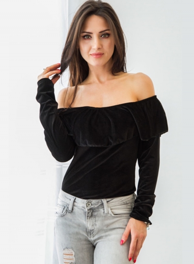 Women's Fashion off Shoulder Ruffle Long Sleeve Solid Blouse YOUYOUFASHIONEC.com