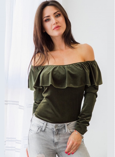 Women's Fashion off Shoulder Ruffle Long Sleeve Solid Blouse YOUYOUFASHIONEC.com