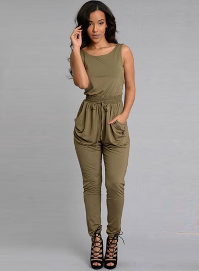 Women's Fashion Sleeveless Back Cross Backless Pockets Drawstring Jumpsuit stylesimo.com