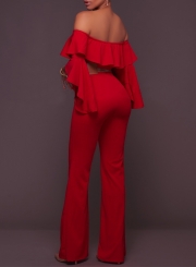 Women's Fashion off Shoulder Ruffle Flare Sleeve Wide-Leg Jumpsuit with Belt