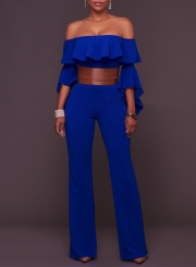 Women's Fashion off Shoulder Ruffle Flare Sleeve Wide-Leg Jumpsuit with Belt