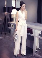 Women's Solid V Neck Sleeveless Tie Waist Wide Leg Jumpsuit