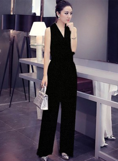 Women's Solid V Neck Sleeveless Tie Waist Wide Leg Jumpsuit YOUYOUFASHIONEC.com