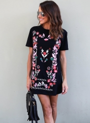 Women's Fashion Floral Print Short Sleeve Slim Mini Dress