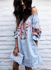 Women's Fashion Floral Prined off Shoulder Long Sleeve Mini Dress