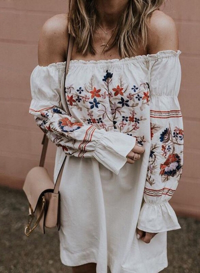 Women's Fashion Floral Prined off Shoulder Long Sleeve Mini Dress YOUYOUFASHIONEC.com