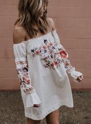 Women's Fashion Floral Prined off Shoulder Long Sleeve Mini Dress