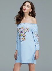 Women's Fashion Floral Prined off Shoulder Long Sleeve Mini Dress