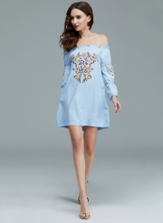 Women's Fashion Floral Prined off Shoulder Long Sleeve Mini Dress