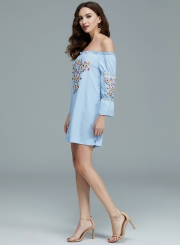 Women's Fashion Floral Prined off Shoulder Long Sleeve Mini Dress