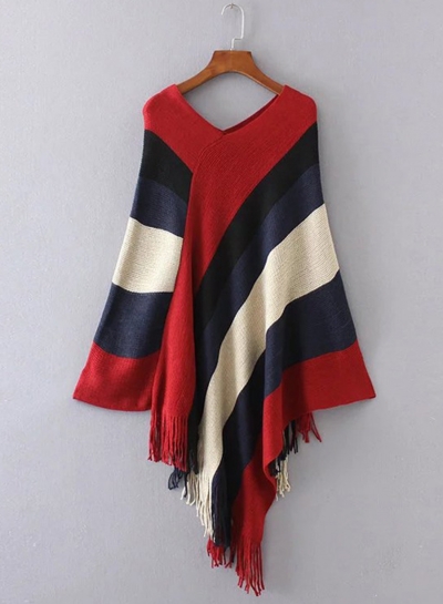 V Neck Tassel Cape Shawls Batwing Knit Sweater Cloak LEXELFASHIONINTSHOPS.com