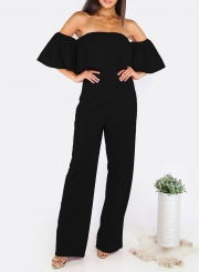 Women's Fashion Solid off Shoulder Ruffle Short Sleeve Wide Leg Jumpsuit