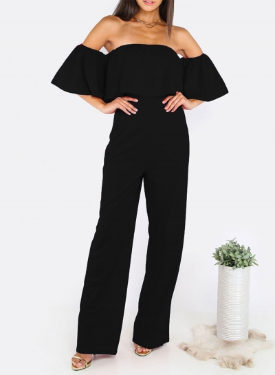 Women's Fashion Solid off Shoulder Ruffle Short Sleeve Wide Leg Jumpsuit LEXELFASHIONINTSHOPS.com