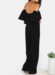 Women's Fashion Solid off Shoulder Ruffle Short Sleeve Wide Leg Jumpsuit