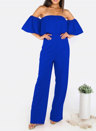 Women's Fashion Solid off Shoulder Ruffle Short Sleeve Wide Leg Jumpsuit LEXELFASHIONINTSHOPS.com