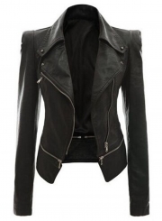 Women's Slim Fit Motorcycle Zip PU Jacket