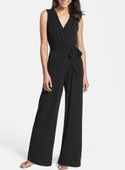 Women's Solid V Neck Sleeveless Jumpsuit with Belt