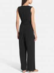 Women's Solid V Neck Sleeveless Jumpsuit with Belt