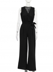 Women's Solid V Neck Sleeveless Jumpsuit with Belt