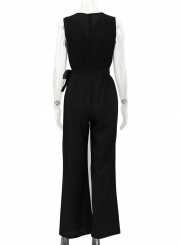 Women's Solid V Neck Sleeveless Jumpsuit with Belt