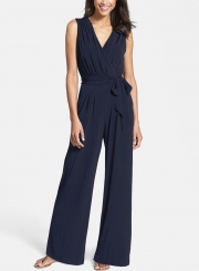 Women's Solid V Neck Sleeveless Jumpsuit with Belt