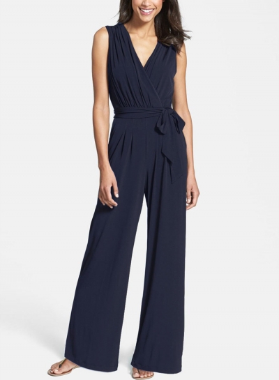 Women's Solid V Neck Sleeveless Jumpsuit with Belt LEXELFASHIONINTSHOPS.com