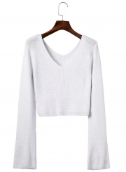 Women's Fashion V Neck Flare Sleeve Cropped Knit Sweater