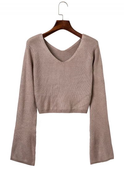 Women's Fashion V Neck Flare Sleeve Cropped Knit Sweater LEXELFASHIONINTSHOPS.com