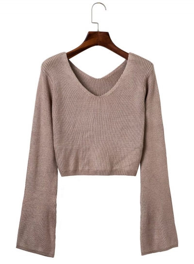 Women's Fashion V Neck Flare Sleeve Cropped Knit Sweater STYLESIMO.com
