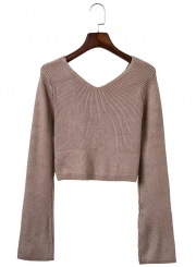 Women's Fashion V Neck Flare Sleeve Cropped Knit Sweater