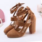 Women's Solid Round Toe Lace up Block Heels Pumps