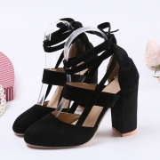 Women's Solid Round Toe Lace up Block Heels Pumps