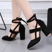 Women's Solid Round Toe Lace up Block Heels Pumps