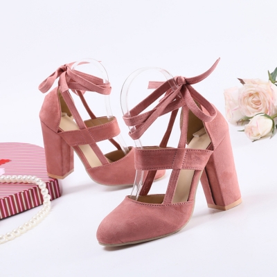 pink lace up block heels