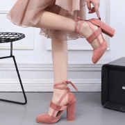Women's Solid Round Toe Lace up Block Heels Pumps